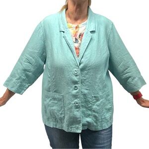 Eileen Fisher Aqua Blue Linen 3/4 Sleeve Button Front Blazer Jacket Women’s 1X